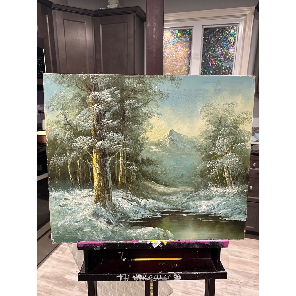 Vintage Winter Landscape Oil Painting Mountain Forest Snow Scene 20x24 Unframed